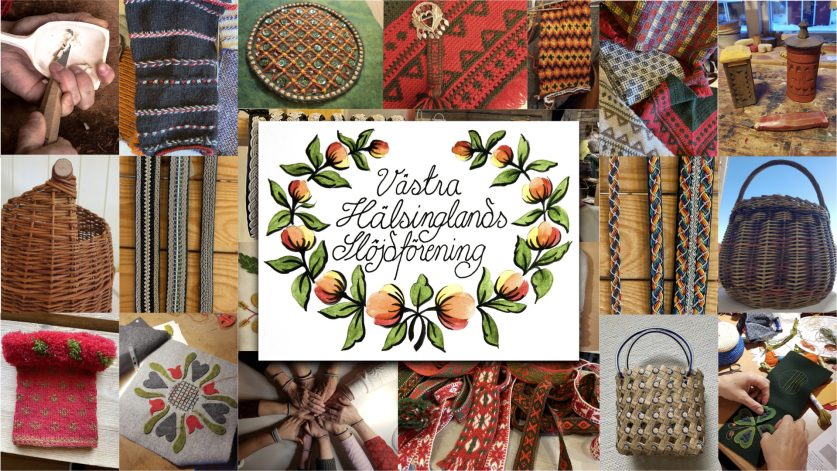 Flera bilder från olika hantverkskurser som föreningen ordnar och föreningens namn som bild i mitten