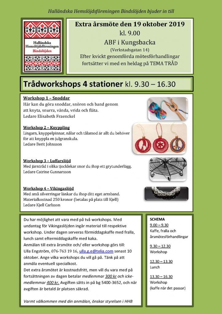 Inbjudan till extra årsmöte i Halland med fyra workshopstationer.