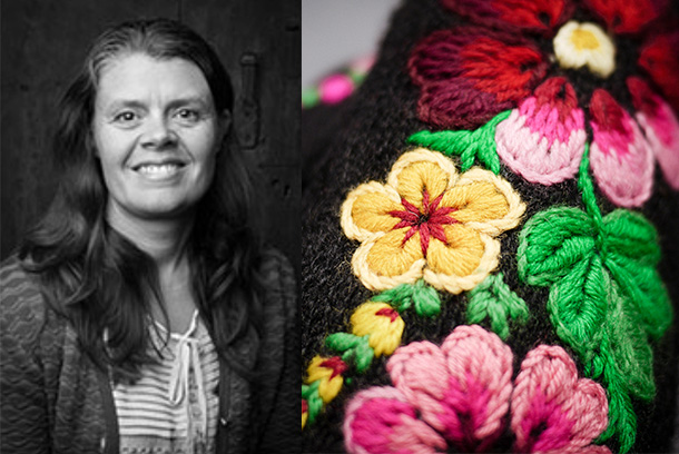 Anna Karin Jobs Arnberg, mästare i broderi och vantar i flodabroderi av Jobs Arnberg med tekniken påsöm i ylle.