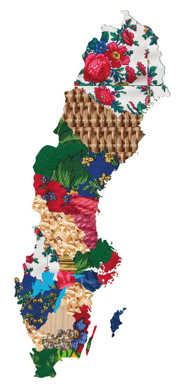 Karta över Sverige med mönster inspirerade av olika former av slöjd och hantverk.
