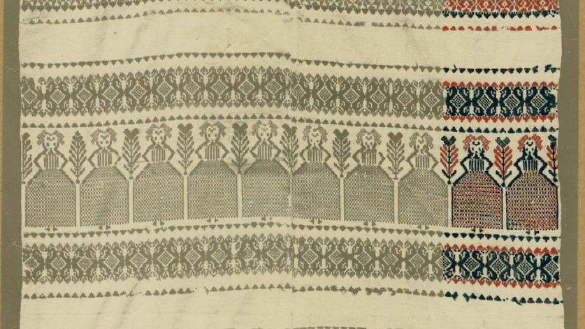 Bild ur Zickermans studiesamling på väv med damer i tekniken "upphämta".