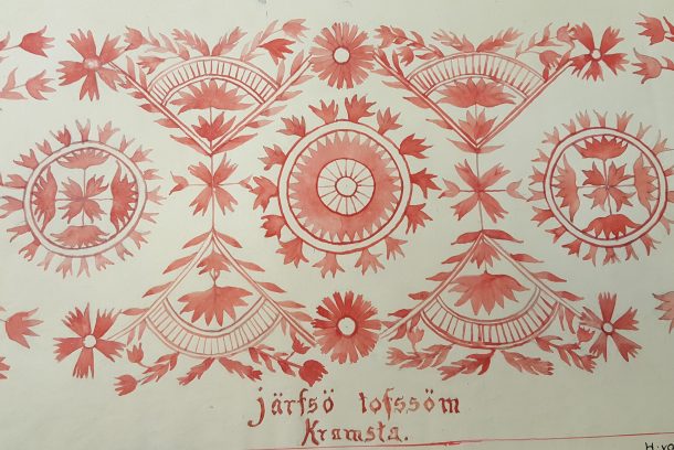Skiss till broderi med blommor och blad