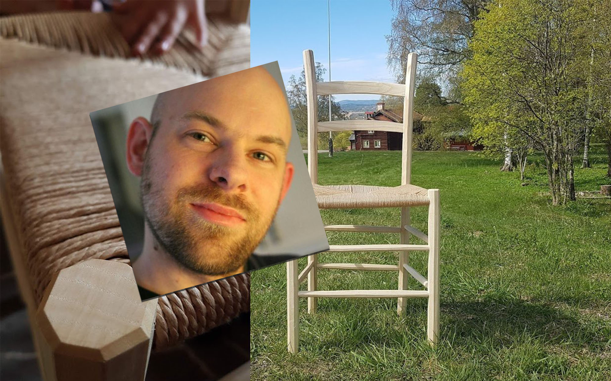 Fredrik Svensson och en av hans stolar på en grön äng.