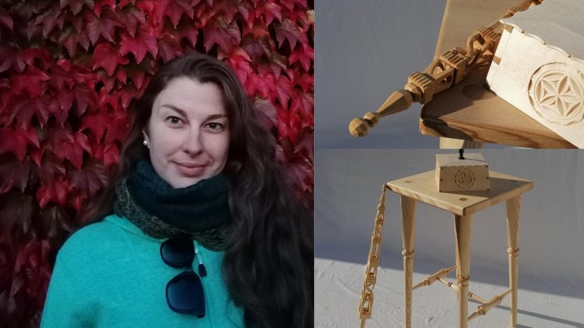 Träslöjdaren Maria Gesäll i ett kollage