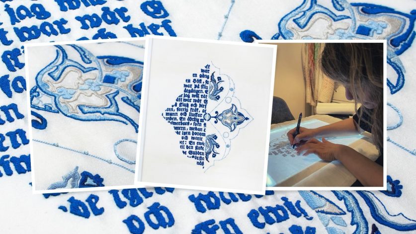 Kollage med verk av konstsömmerskan Suha Ayal som tog gesällbrev i konstsömnadsyrket 2022.